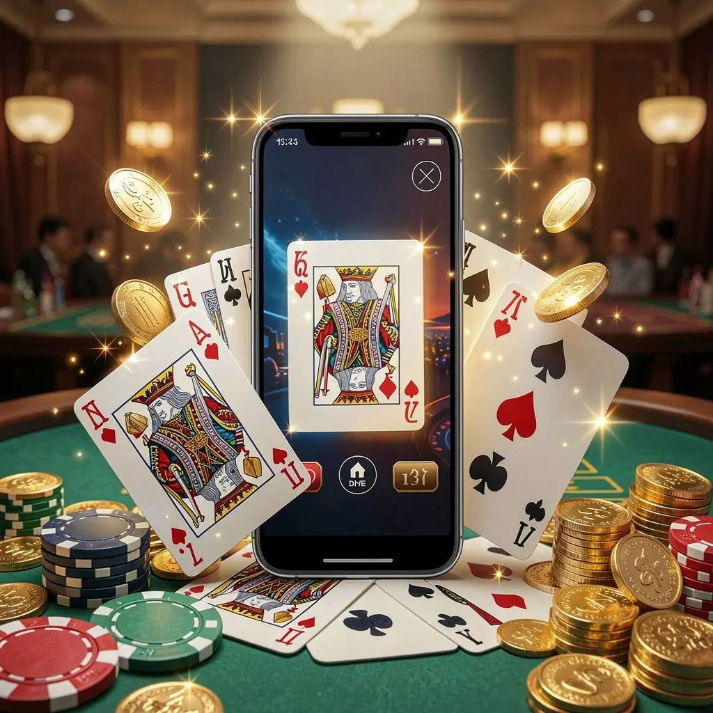 22BC8 mobile gaming application concept showing a smartphone surrounded by playing cards, roulette chips, gold coins, and sparkling lights in a premium casino style