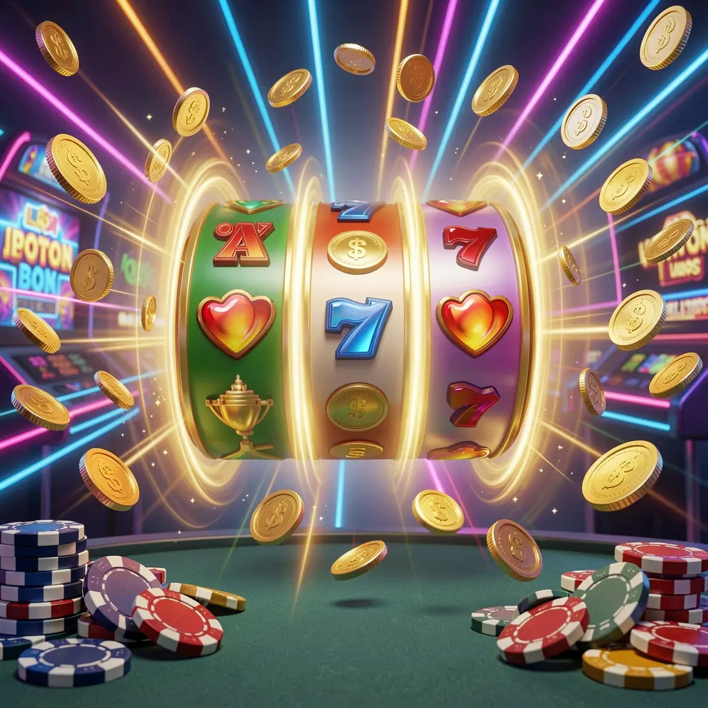 22BC8 online casino free spins bonus concept featuring colorful slot machine reels spinning with golden light effects, coins flying around, jackpot symbols, and casino chips on a vibrant neon background in a dynamic 3D render