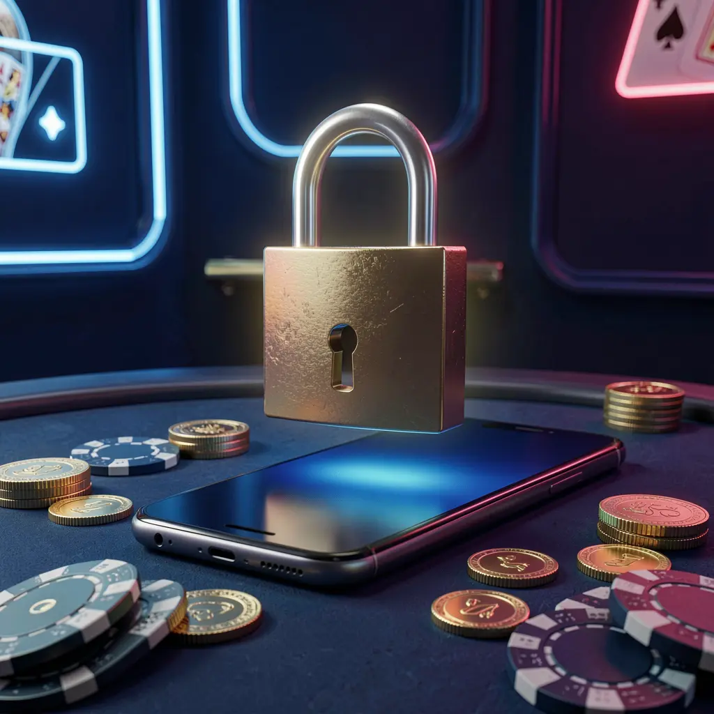 22BC8 casino login security image featuring a glowing padlock floating above a smartphone with golden coins and chips scattered around on a dark blue neon background