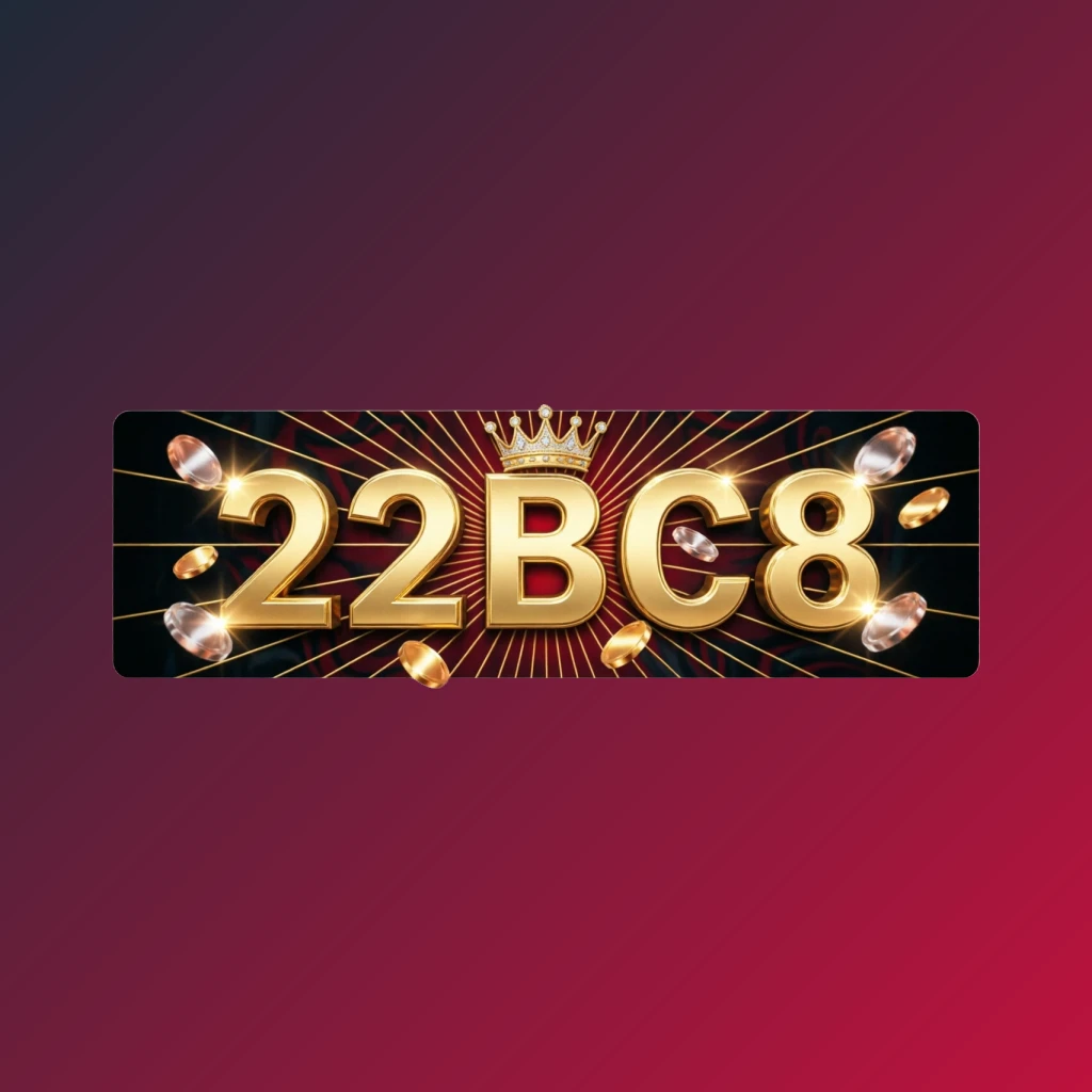 22BC8 casino-style logo featuring golden letters with a crown element and sparkling coins, set in a luxury gaming atmosphere on a transparent background, designed as a horizontal rectangular wordmark for a website header