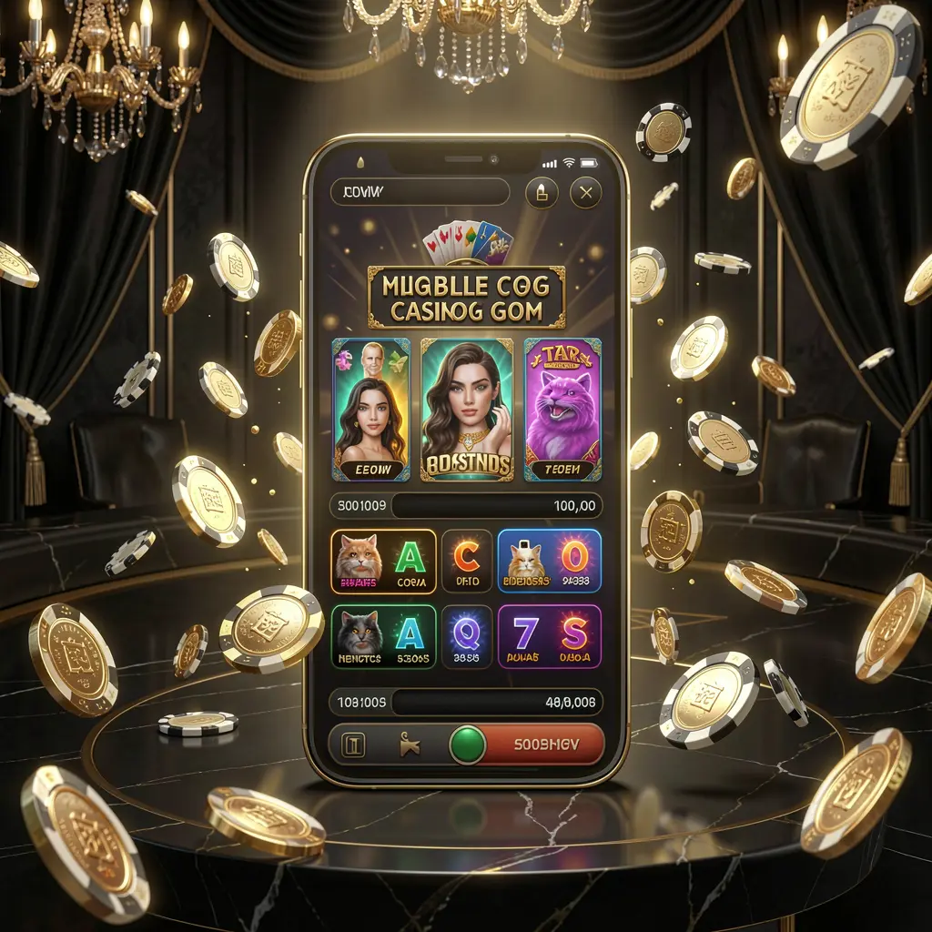 22BC8 modern online casino main page visual featuring a smartphone with a glowing gaming interface, surrounded by flying coins and chips in a black and gold luxury atmosphere, realistic 3D illustration
